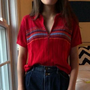 Funky short sleeve red striped zip sweater shirt